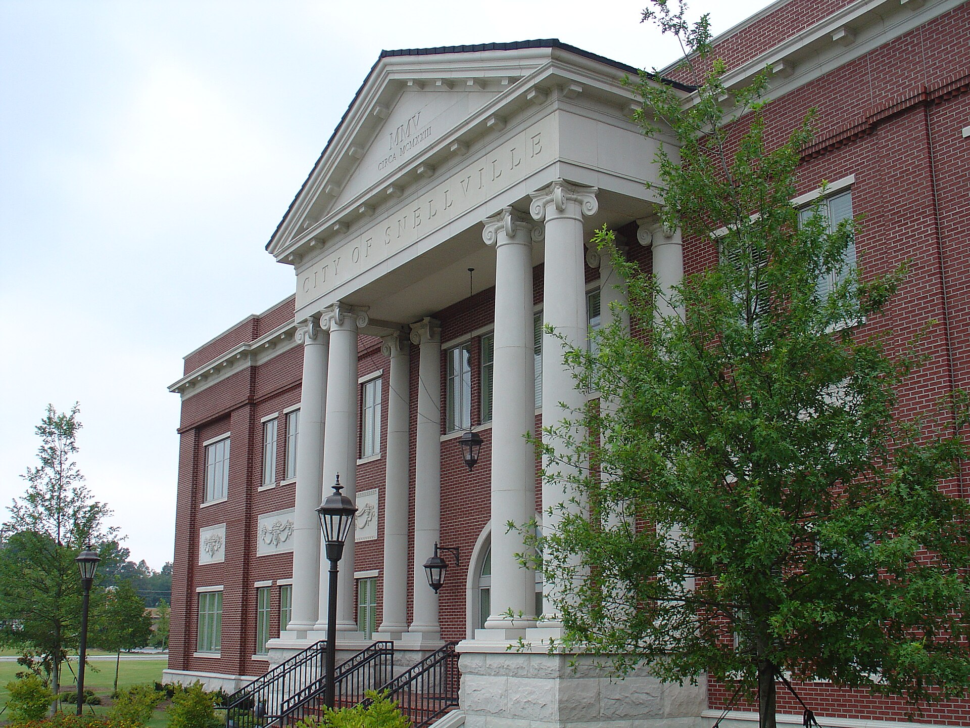 The brick facade and columns of Snellville City Hall